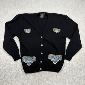 VTG Ivana Lambswool Angora Cardigan Sweater‎ Sz L Black Beaded Gold Buttons Knit